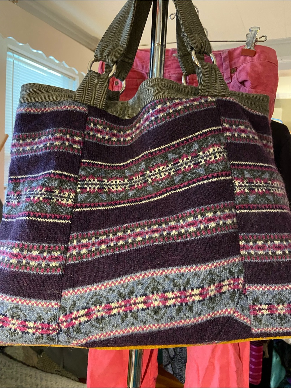 Purple Patterned Knit Tote Bag with Olive Trim